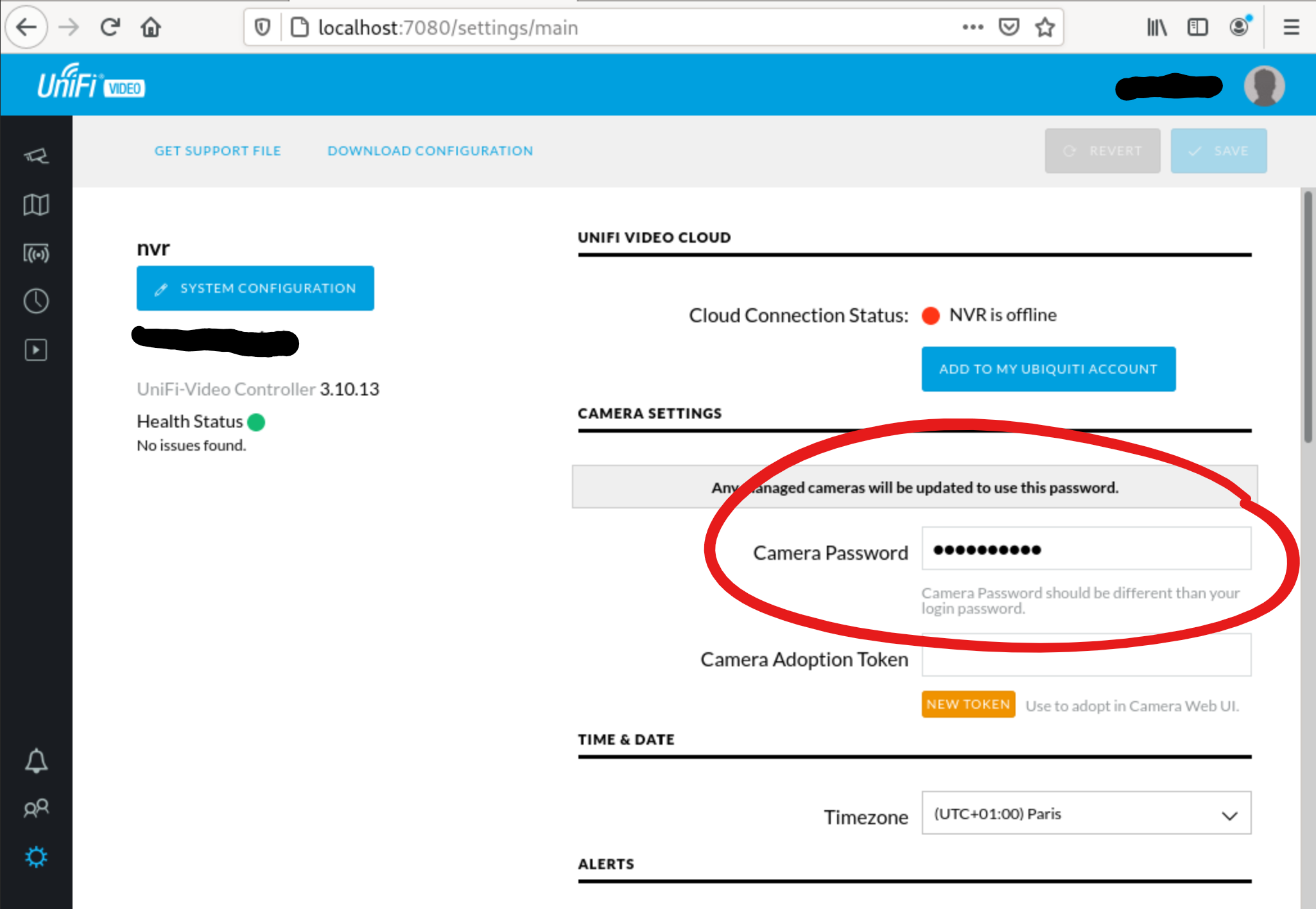 En &ldquo;camera settings&rdquo; está el password que se usa en las cámaras, aunque está escondido, al pulsar sobre él se muestra