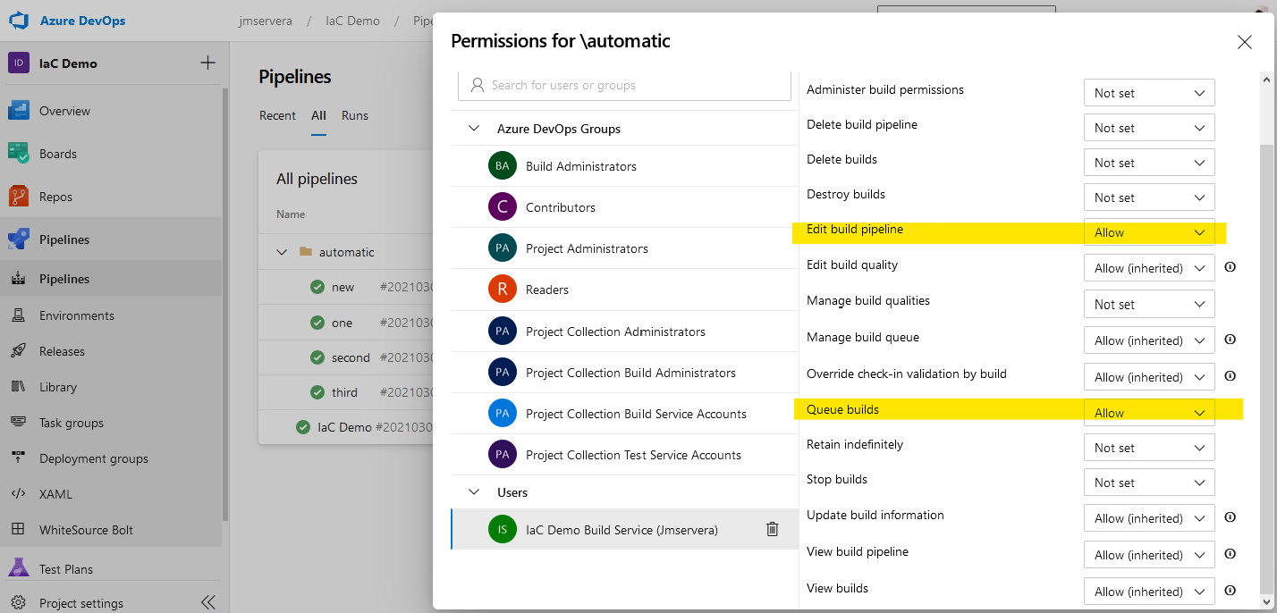 Build and edit permissions to the Build Service account